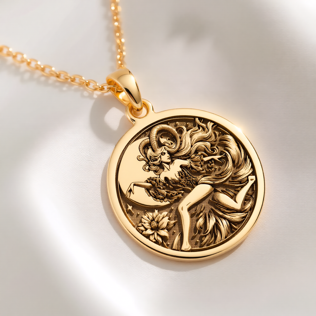 Capricorn Goat Zodiac Pendant Pendants 14K 14K Gold Plated lion figure pendant necklace with ornate detail and circular shape