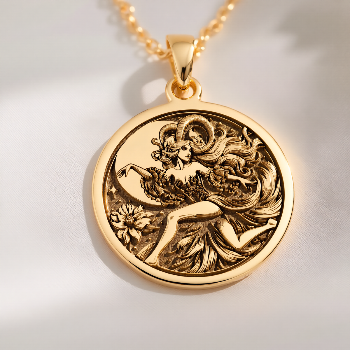 Capricorn Goat Zodiac Pendant Pendants 14K 14K Gold Plated pendant necklace featuring a classical draped female figure design on a round disc.