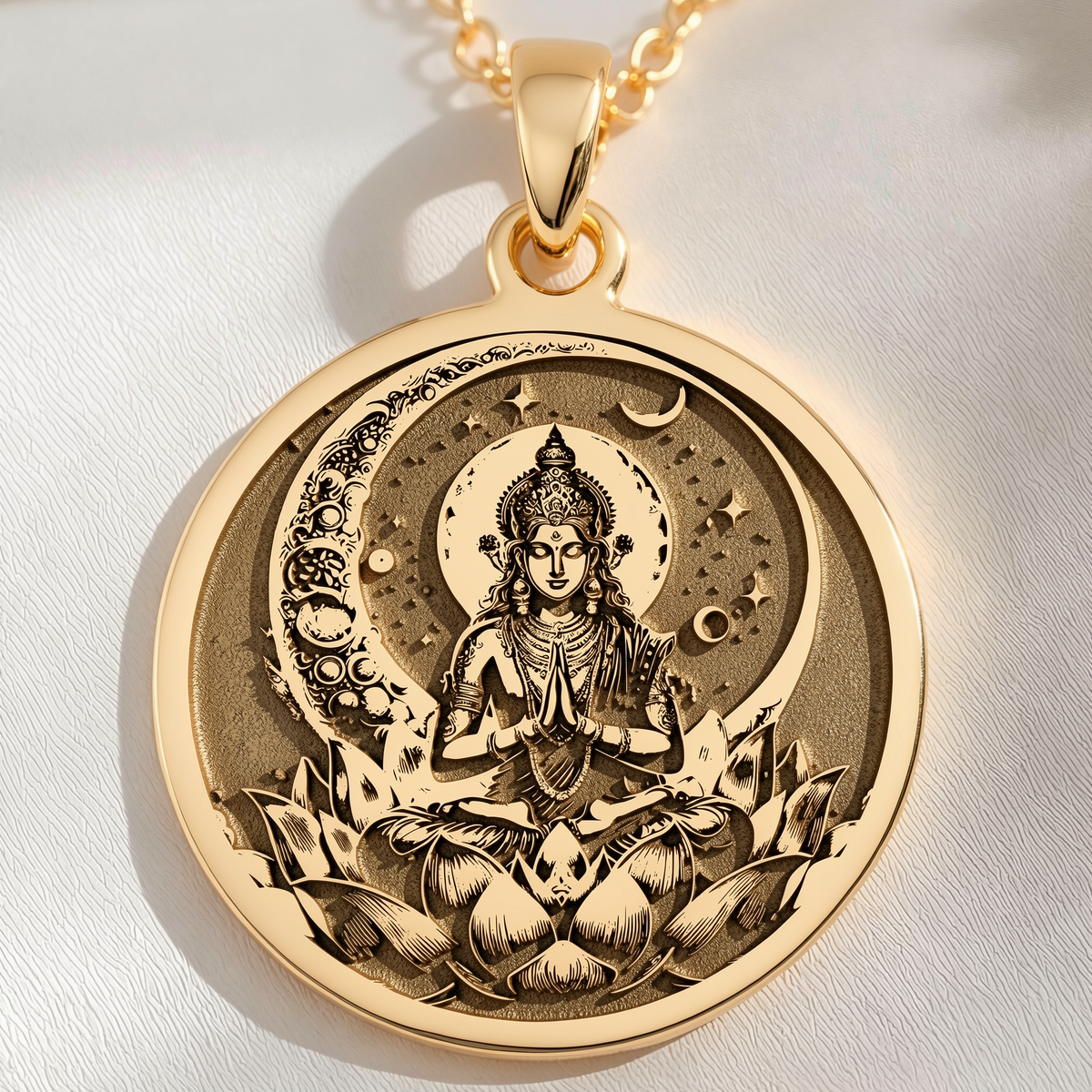Chandra Moon Celestial Pendant Pendants 14K 14K Gold Plated plated pendant featuring a seated spiritual figure with crescent moon and lotus design necklace