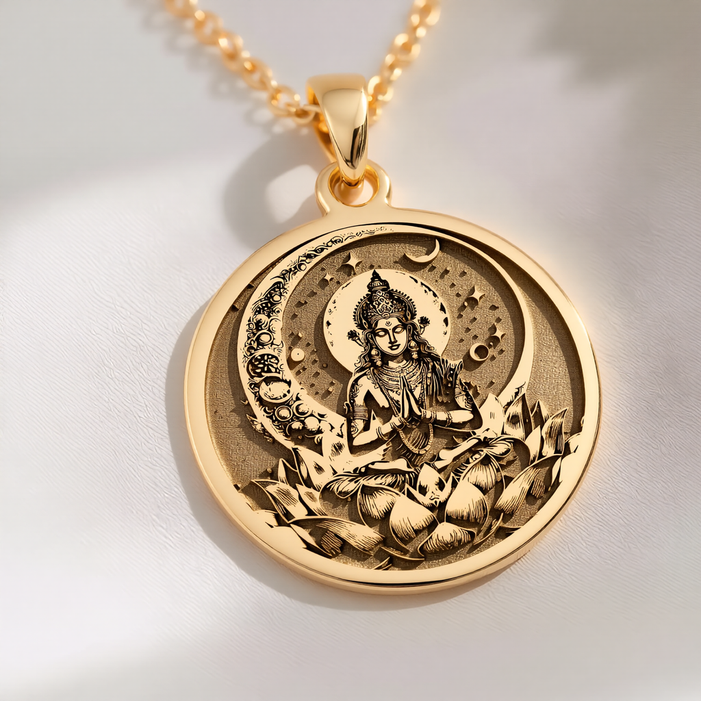 Chandra Moon Celestial Pendant Pendants 14K 14K Gold Plated pendant necklace featuring a meditating figure and crescent moon design.