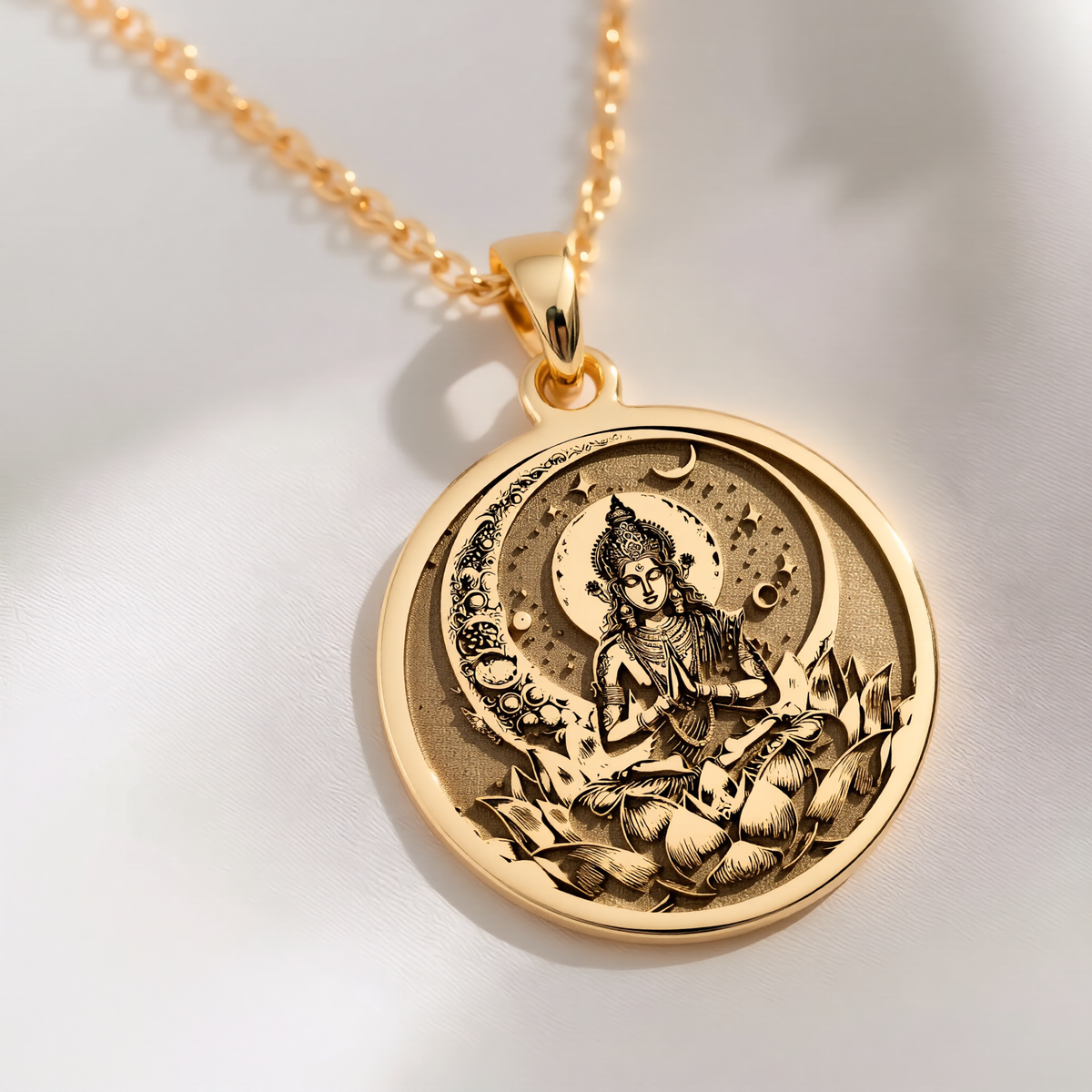 Chandra Moon Celestial Pendant Pendants 14K 14K Gold Plated pendant necklace featuring a seated spiritual figure with a crescent moon and lotus design.