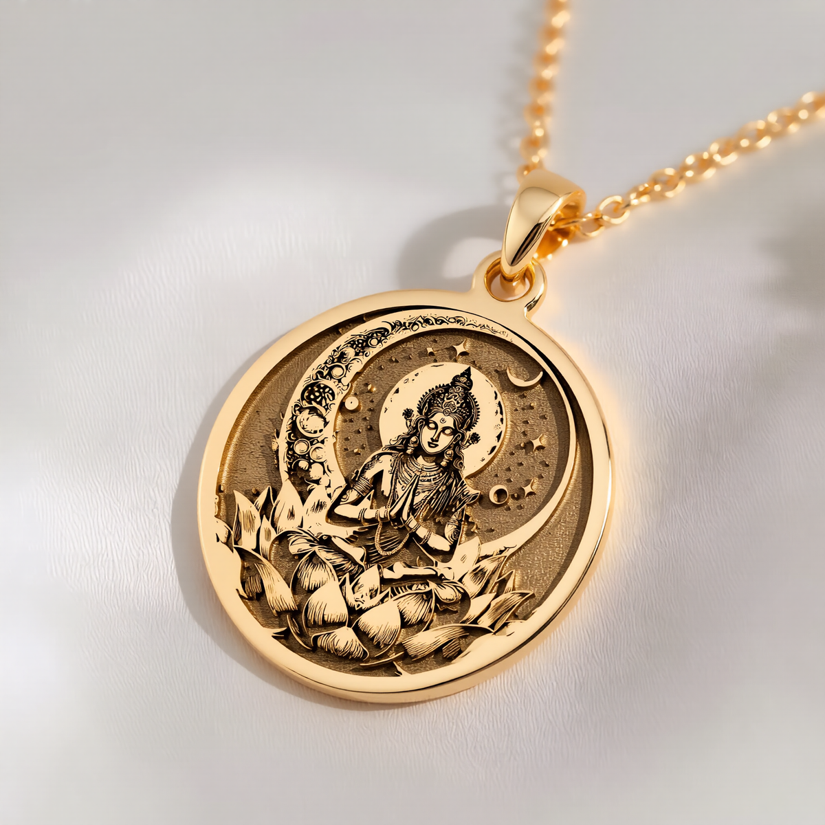Chandra Moon Celestial Pendant Pendants 14K 14K Gold Plated pendant featuring a seated spiritual figure with a crescent moon design necklace