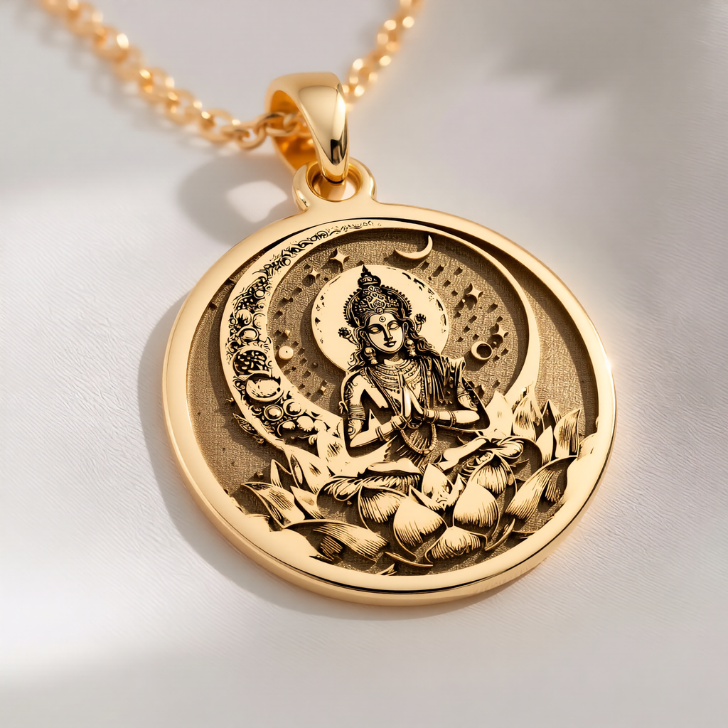 Chandra Moon Celestial Pendant Pendants 14K 14K Gold Plated pendant featuring a seated figure with a crescent moon and lotus design necklace