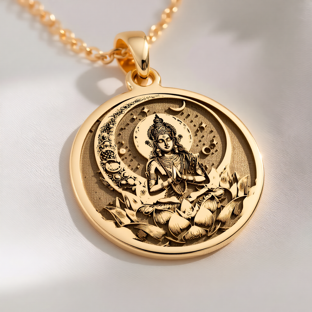 Chandra Moon Celestial Pendant Pendants 14K 14K Gold Plated pendant featuring a seated figure with a crescent moon and lotus design necklace
