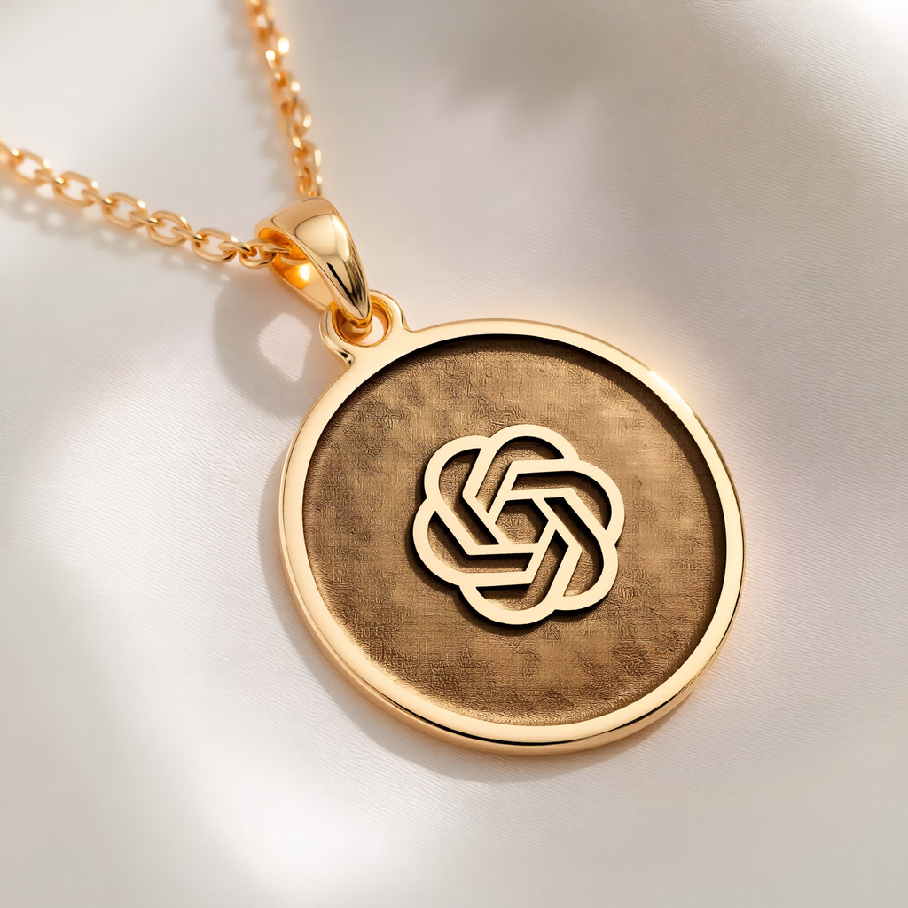 ChatGPT AI Talisman Amulet Necklace Necklaces 14K 14K Gold Plated interlocking knot pendant necklace with geometric design.