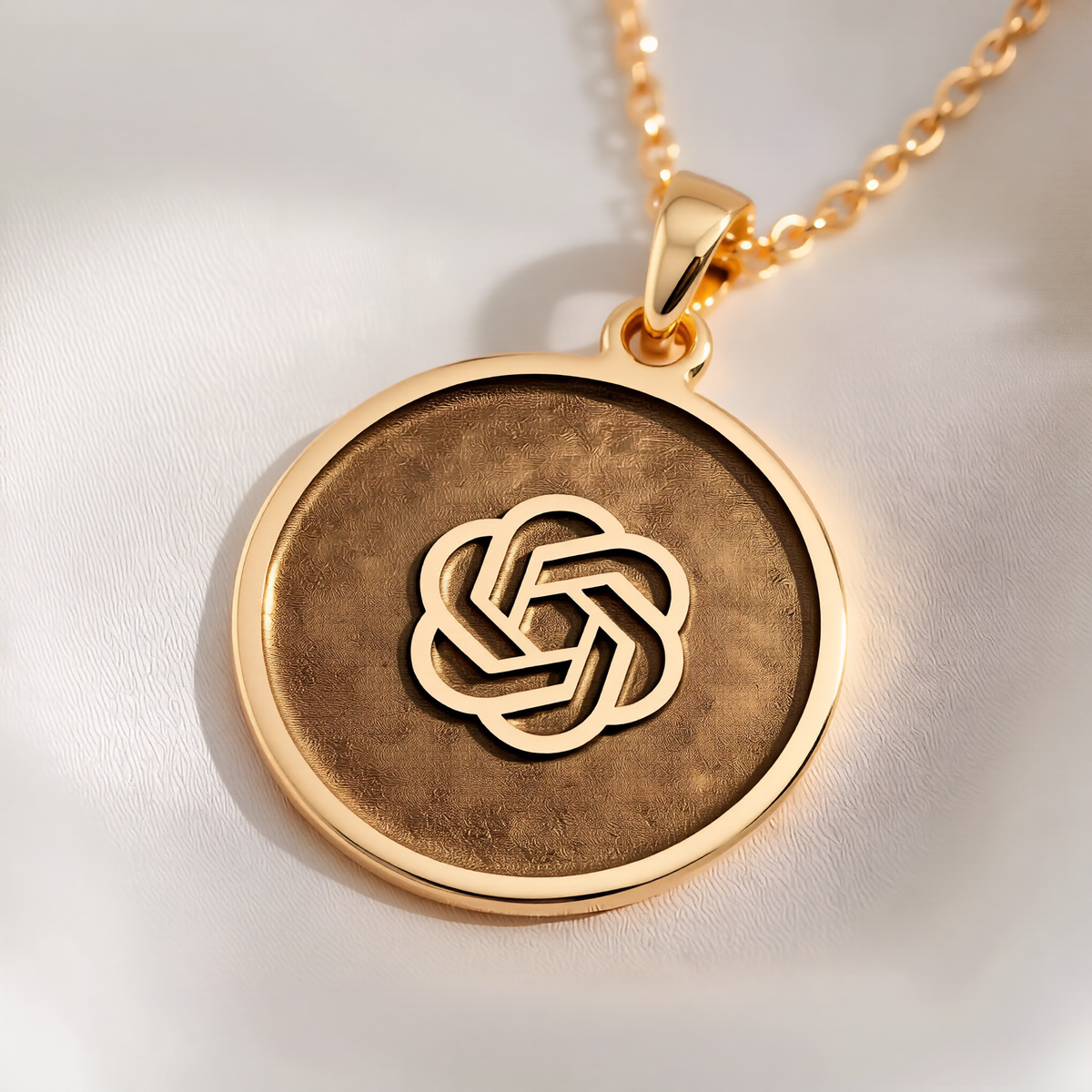 ChatGPT AI Talisman Amulet Necklace Necklaces 14K 14K Gold Plated interlocking knot pendant necklace with round shape and intricate design.