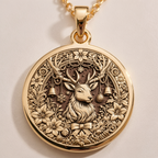 Christmas Deer Necklace Charm Necklaces 14K 14K Gold Plated round pendant featuring a detailed deer head with antlers and floral wreath necklace