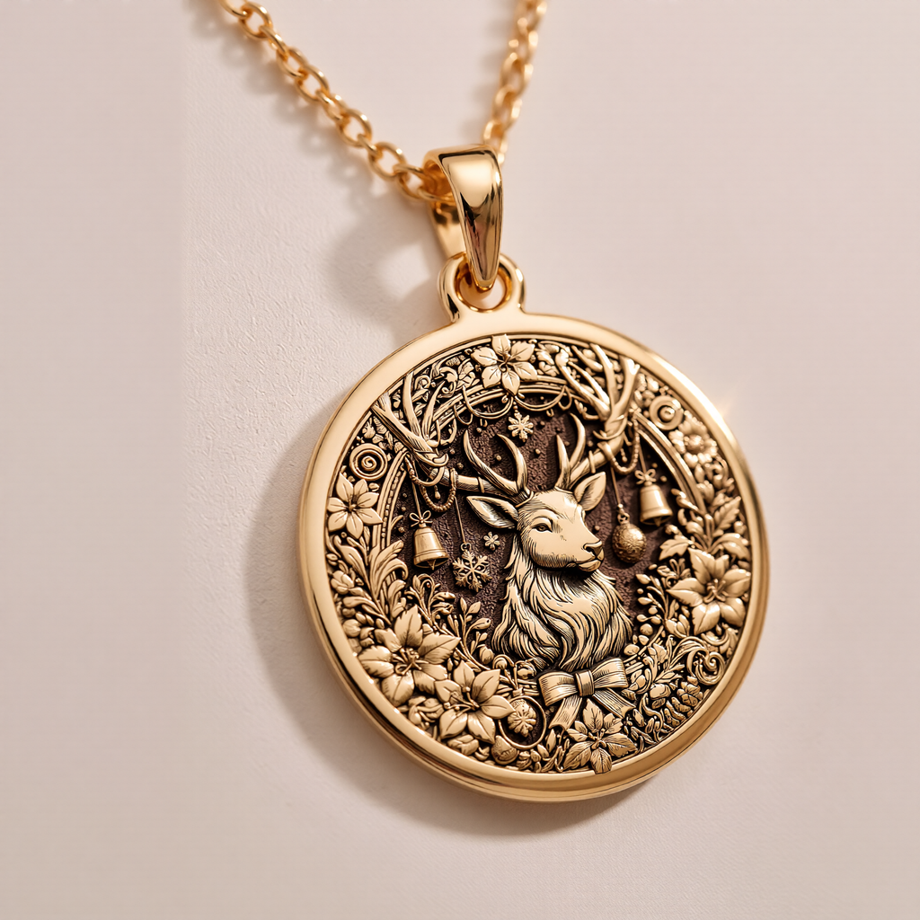 Christmas Deer Necklace Charm Necklaces 14K 14K Gold Plated pendant necklace featuring a detailed deer with antlers surrounded by floral wreath.