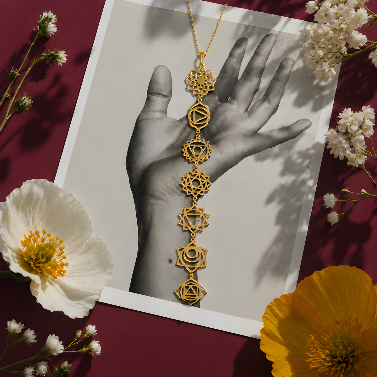 14K solid gold 7 Chakra Healing pendant, detailed view 2.