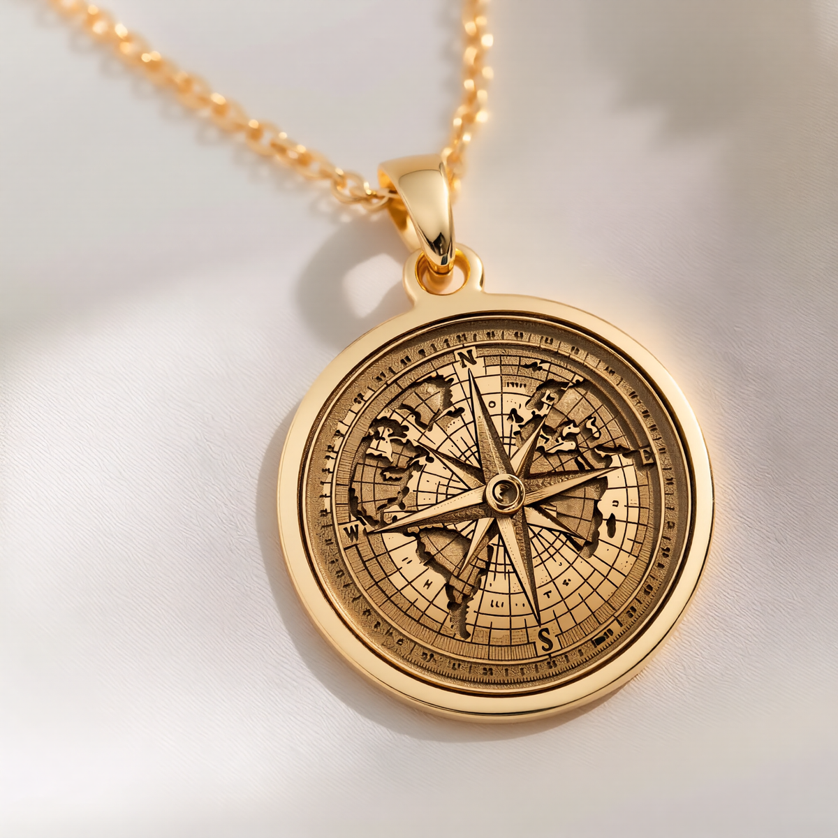 Compass Necklace Necklaces 14K 14K Gold Plated round pendant with vintage world map and compass design necklace
