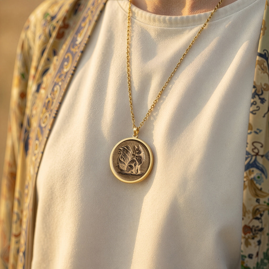Fox Spirit Animal Charm Necklace Necklaces 14K 14K Gold Plated round pendant with engraved lion design necklace