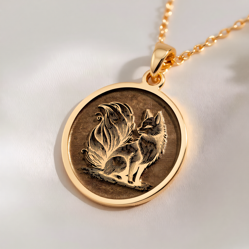 Fox Spirit Animal Charm Necklace Necklaces 14K 14K Gold Plated pendant necklace featuring intertwined fox design on a round disc.
