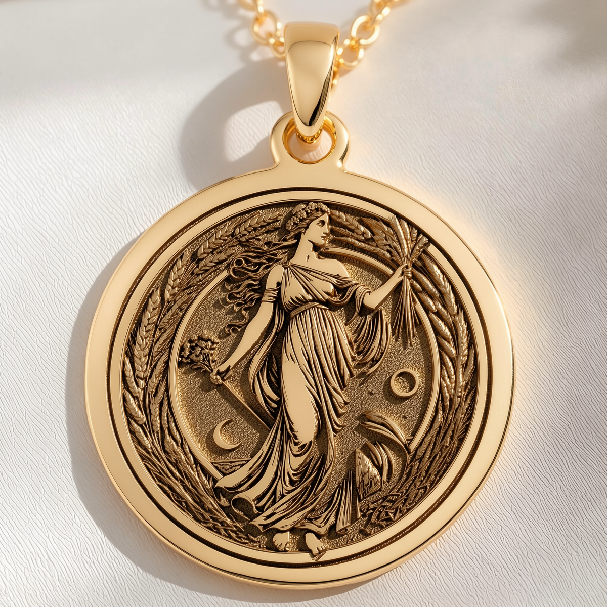 Cornucopia Harvest Goddess Necklace Necklaces 14K 14K Gold Plated pendant necklace featuring a classical female figure design with crescent moons and foliage.