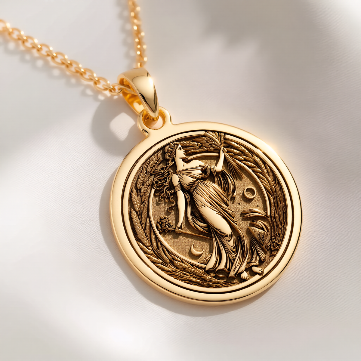 Cornucopia Harvest Goddess Necklace Necklaces 14K 14K Gold Plated round pendant featuring a detailed female figure design with foliage.