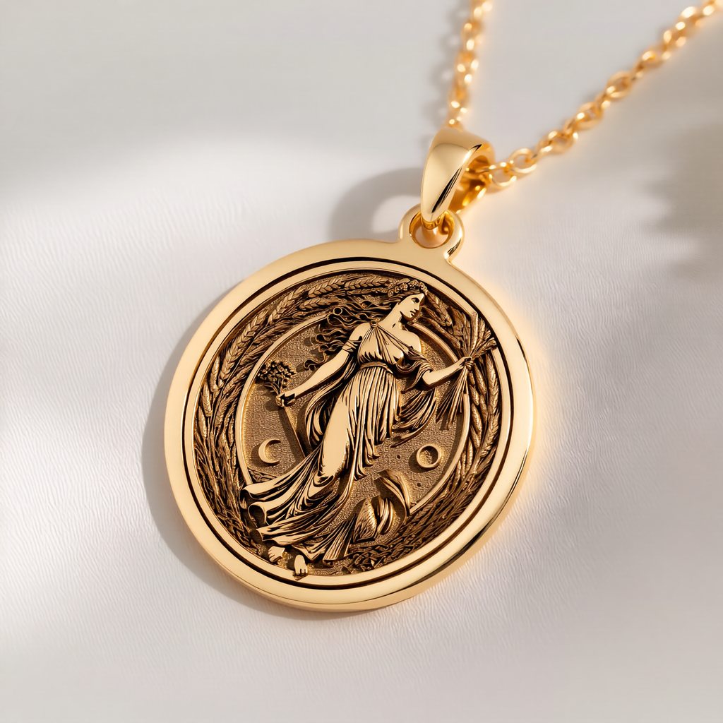 Cornucopia Harvest Goddess Necklace Necklaces 14K 14K Gold Plated pendant necklace featuring a round relief of a female figure in a laurel wreath.