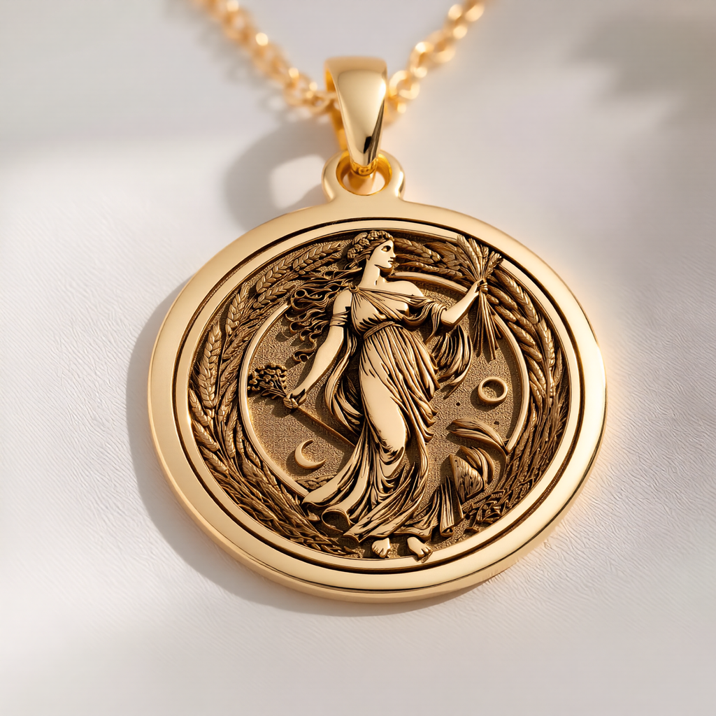 Cornucopia Harvest Goddess Necklace Necklaces 14K 14K Gold Plated pendant necklace featuring a draped female figure design with foliage and wreath.