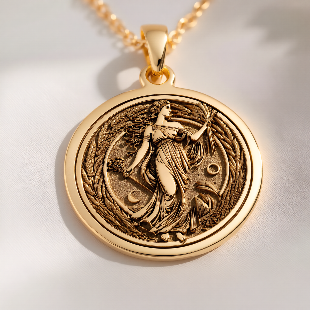 Cornucopia Harvest Goddess Necklace Necklaces 14K 14K Gold Plated pendant necklace featuring a draped female figure design with foliage and wreath.