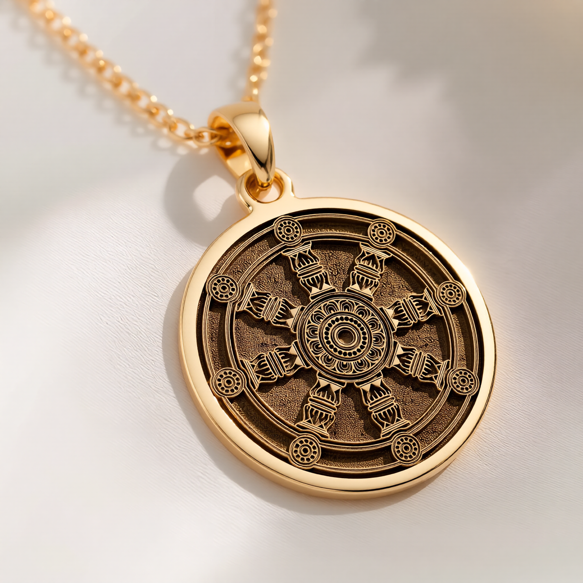 Dharma Wheel Spoked Talisman Necklace Necklaces 14K 14K Gold Plated geometric star mandala pendant necklace with intricate design.