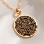 Dharma Wheel Spoked Talisman Necklace Necklaces 14K 14K Gold Plated geometric star mandala pendant necklace with intricate design.