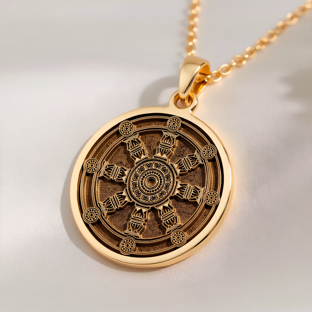 Dharma Wheel Spoked Talisman Necklace Necklaces 14K 14K Gold Plated geometric mandala pendant necklace with starburst design