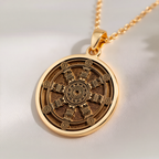 Dharma Wheel Spoked Talisman Necklace Necklaces 14K 14K Gold Plated geometric mandala pendant necklace with starburst design