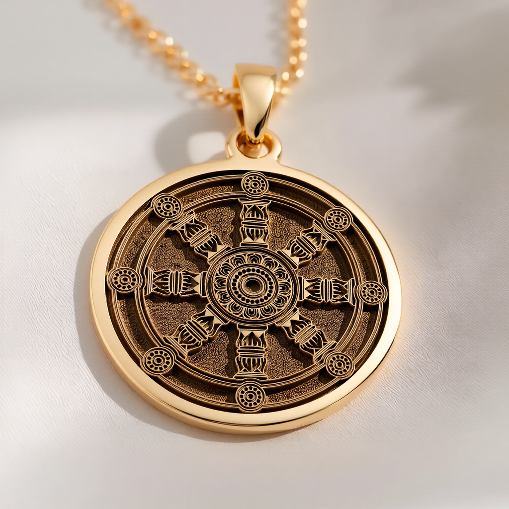 Dharma Wheel Spoked Talisman Necklace Necklaces 14K 14K Gold Plated geometric star pattern pendant necklace with intricate mandala details