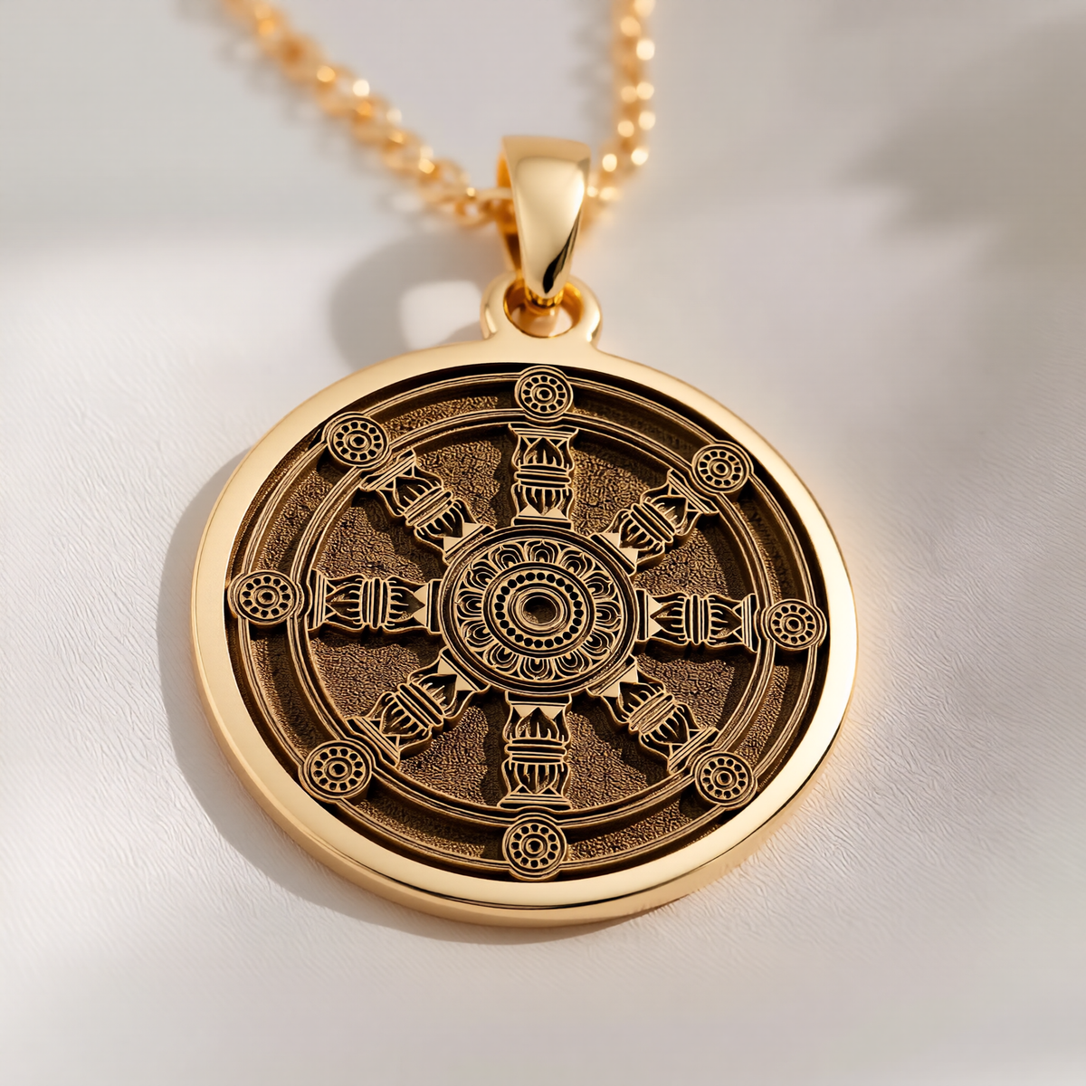 Dharma Wheel Spoked Talisman Necklace Necklaces 14K 14K Gold Plated geometric star pattern pendant necklace with intricate mandala details
