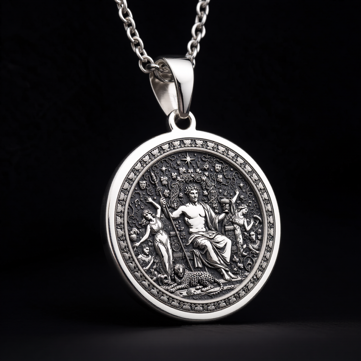 925 sterling silver Dionysus God of Wine pendant, detailed view 12.