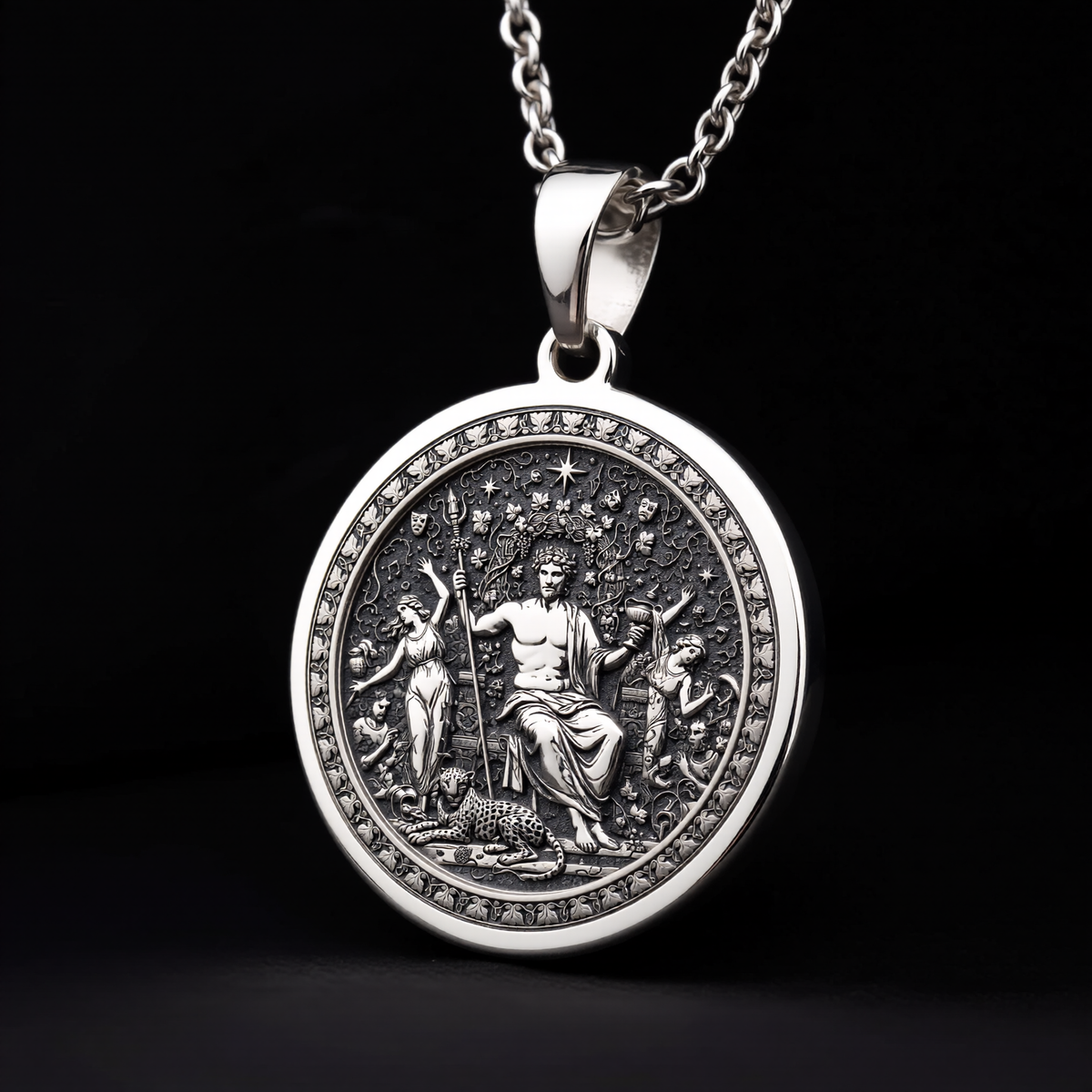 925 sterling silver Dionysus God of Wine pendant, detailed view 13.
