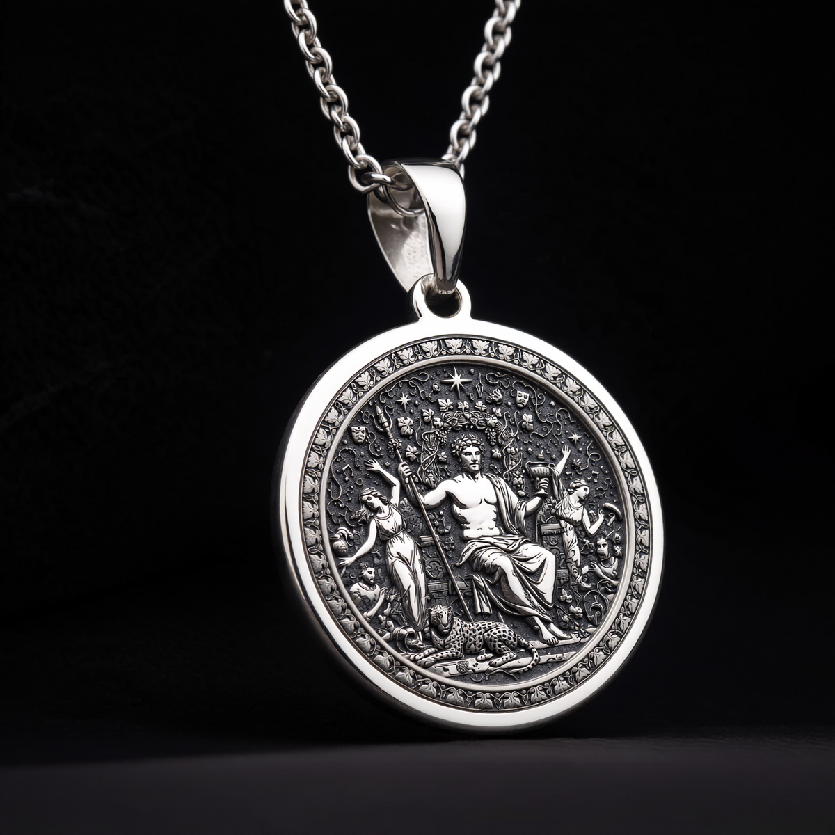 925 sterling silver Dionysus God of Wine pendant, detailed view 14.