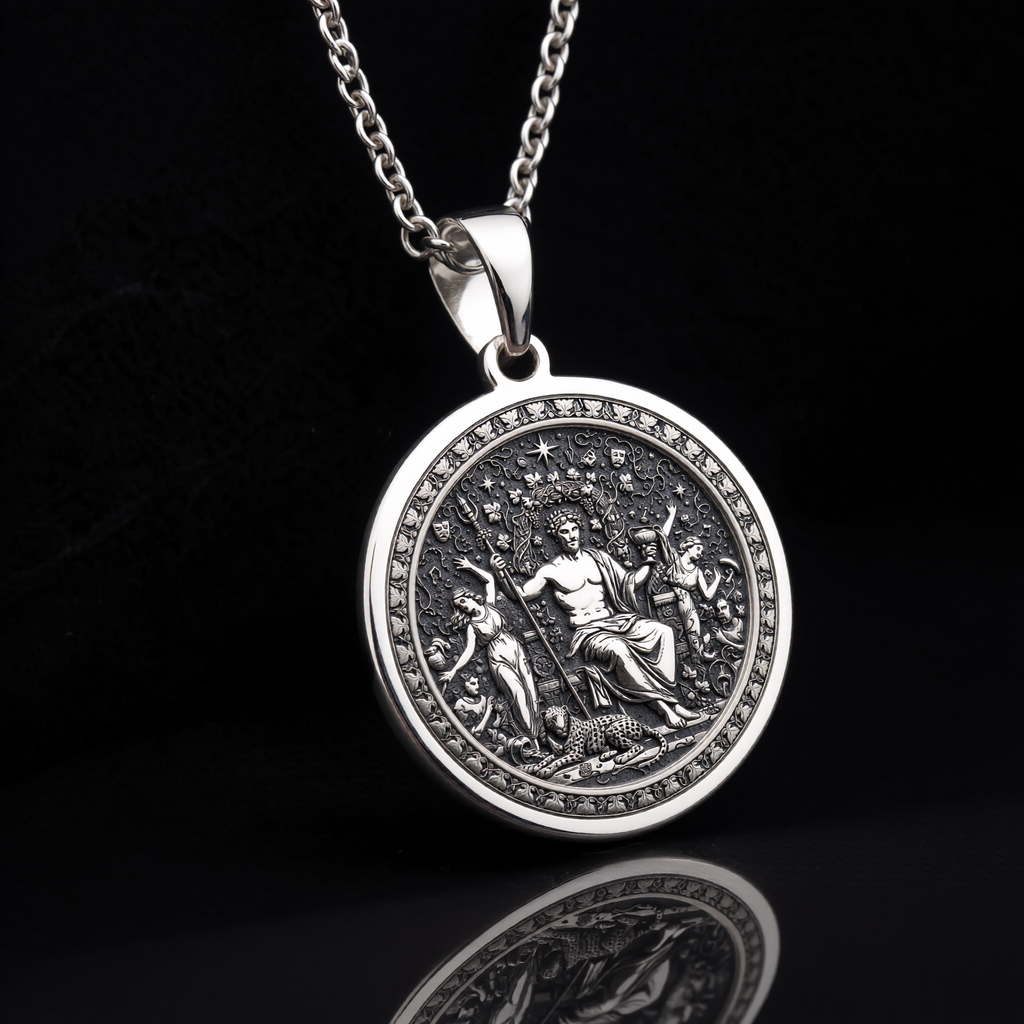 925 sterling silver Dionysus God of Wine pendant, detailed view 16.