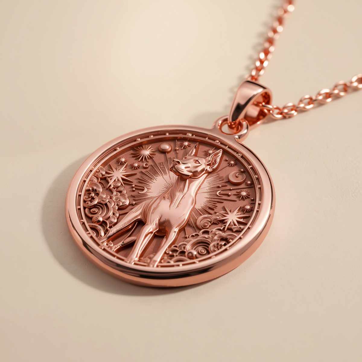 Rose Gold Plated Doberman Pinscher Medallion featuring noble breed with celestial rays and stars. Elegant pet memorial jewelry with cosmic symbols and sleek silhouette. Warm-toned dog talisman for guardian breed lovers