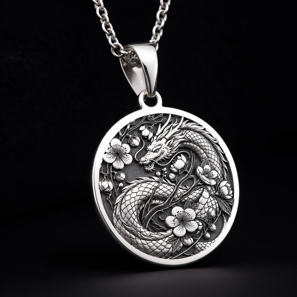 Japanese Dragon Necklace: Silver Ryu Symbol Pendanrt