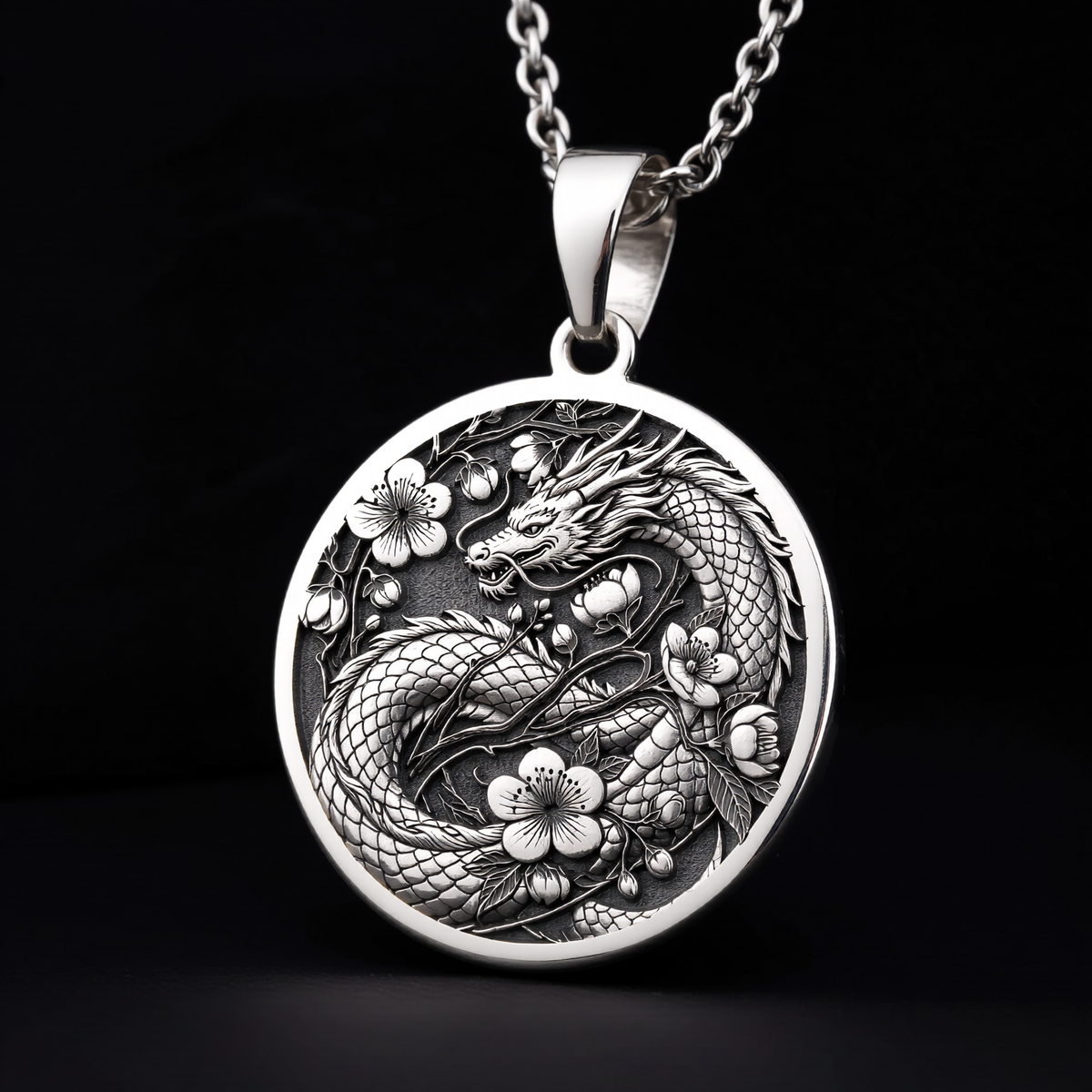 Japanese Dragon Necklace: Silver Ryu Symbol Pendanrt
