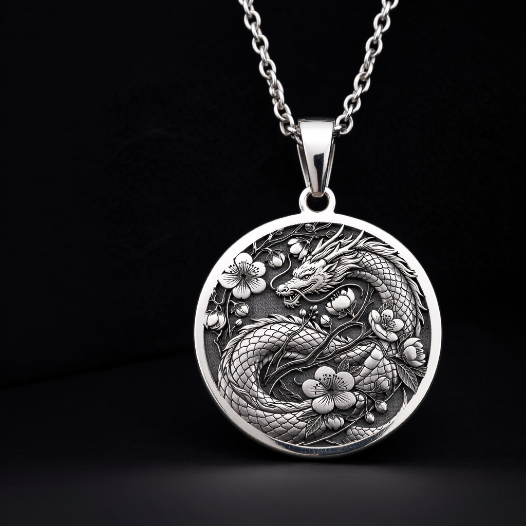 Japanese Dragon Necklace: Silver Ryu Symbol Pendanrt