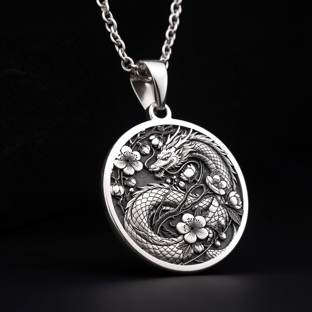 Japanese Dragon Necklace: Silver Ryu Symbol Pendanrt