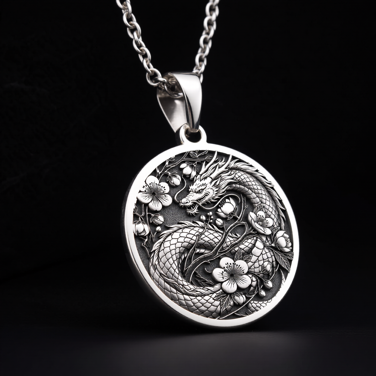 Japanese Dragon Necklace: Silver Ryu Symbol Pendanrt