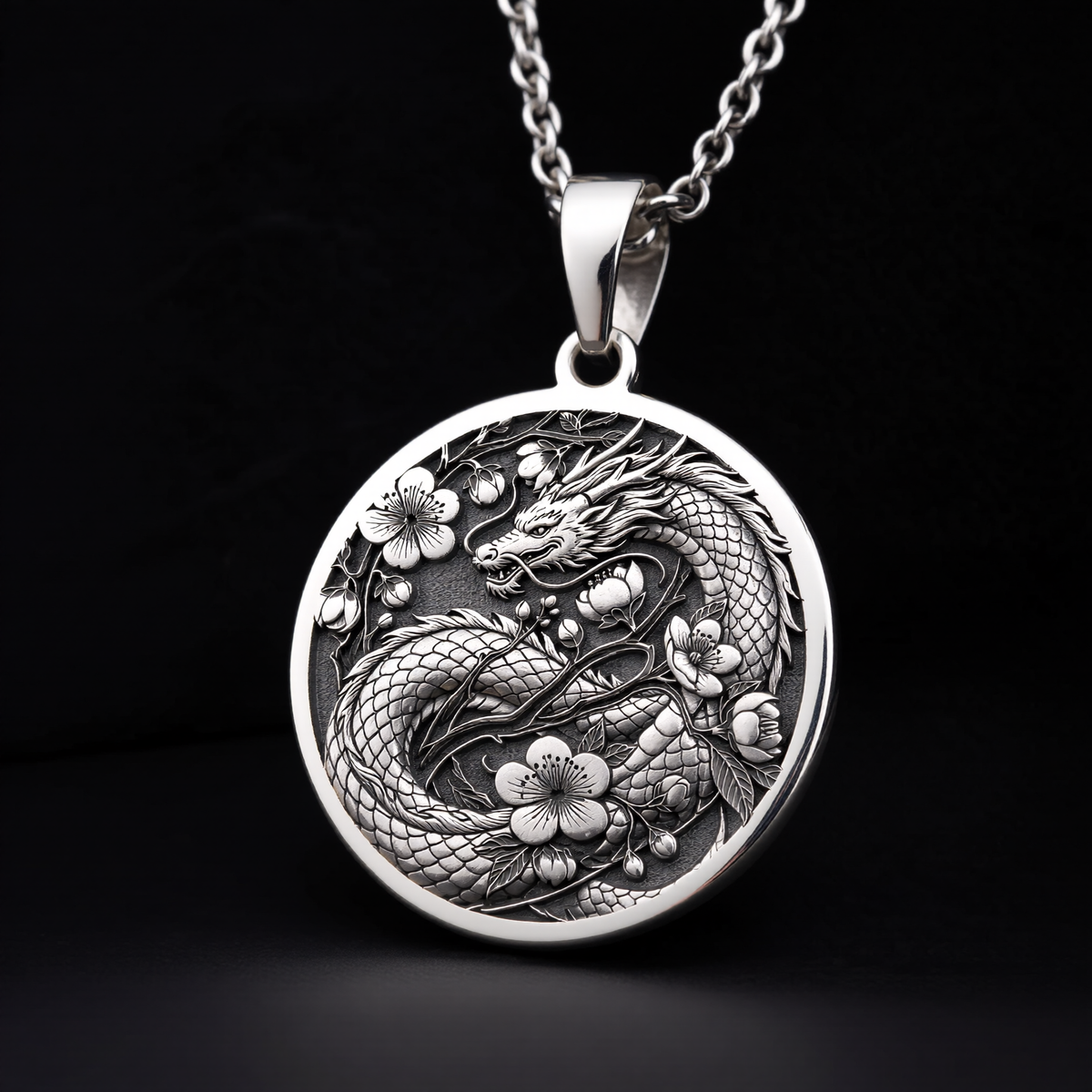 Japanese Dragon Necklace: Silver Ryu Symbol Pendanrt