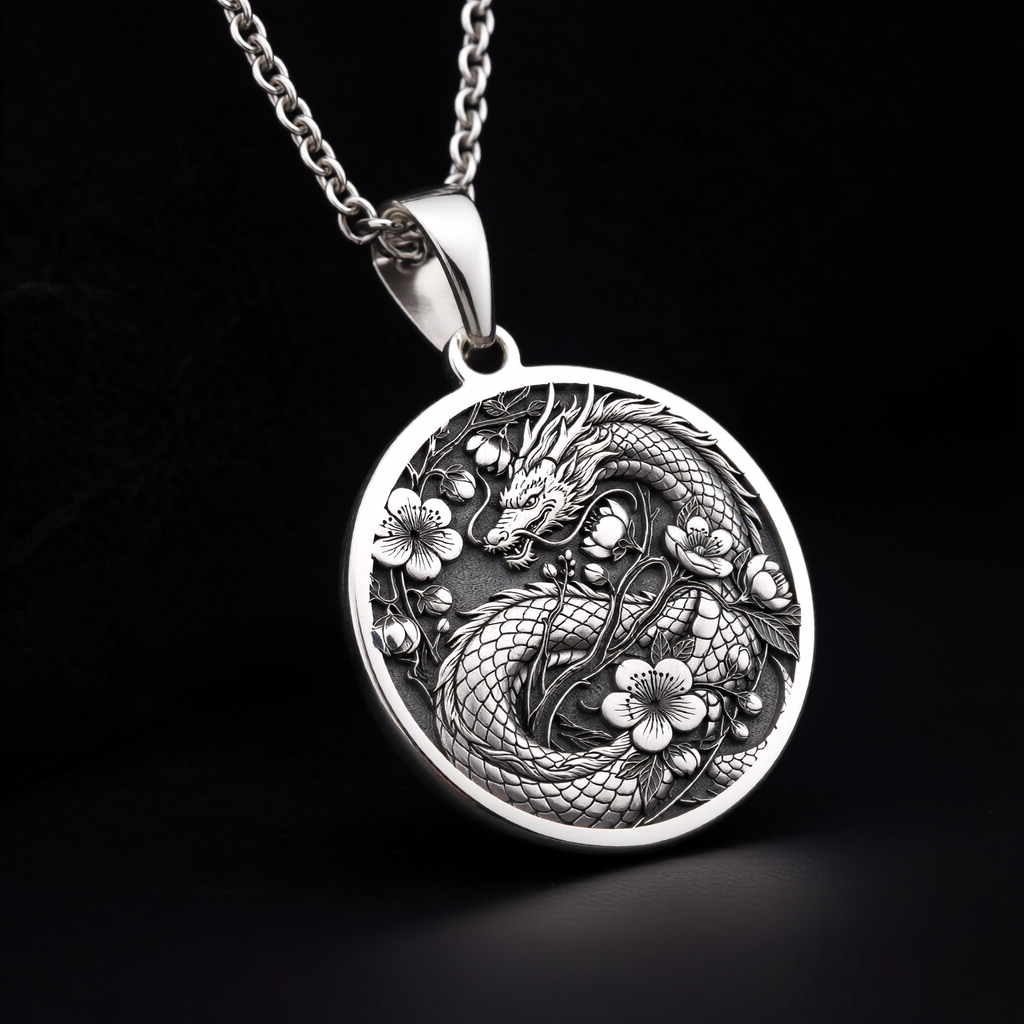 Japanese Dragon Necklace: Silver Ryu Symbol Pendanrt