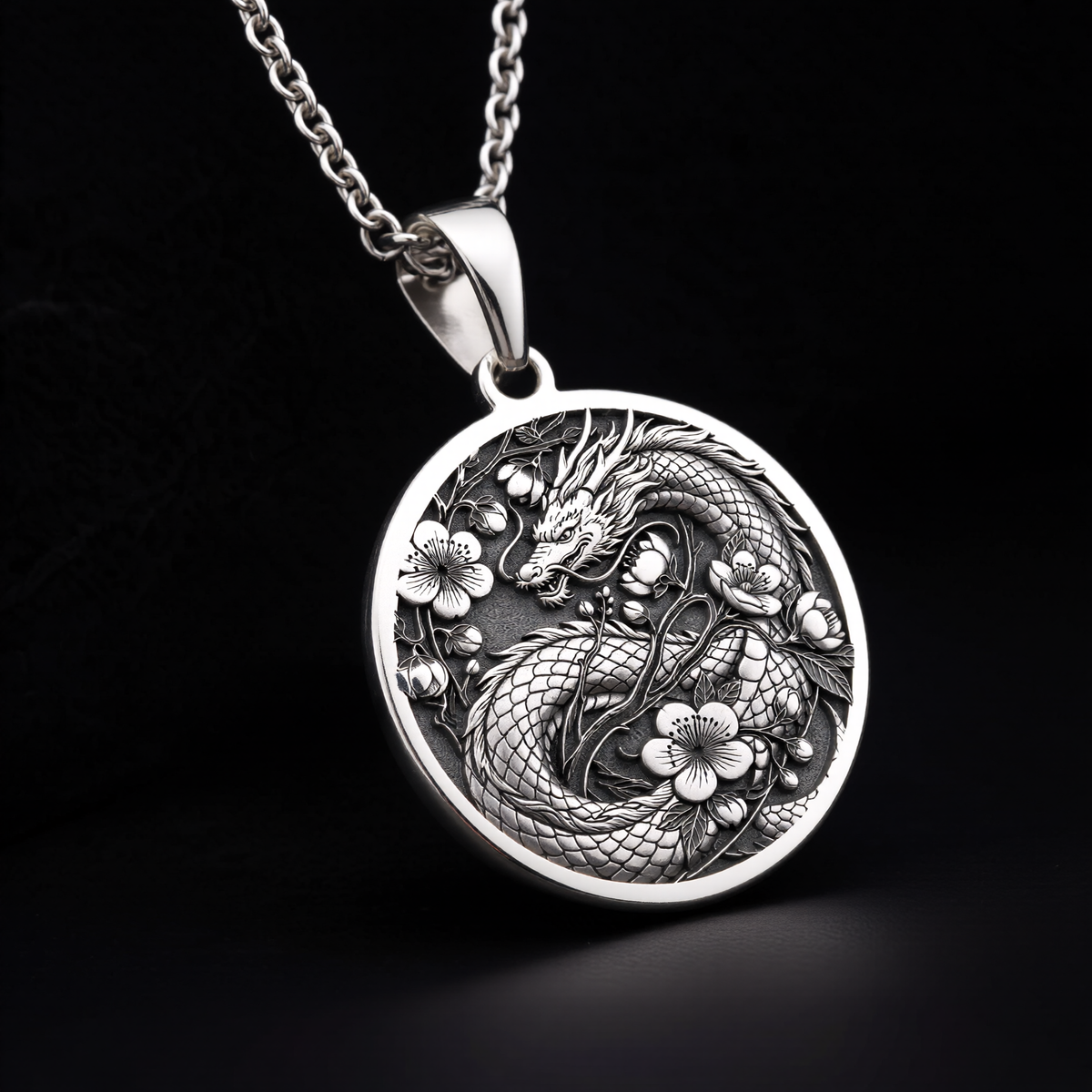 Japanese Dragon Necklace: Silver Ryu Symbol Pendanrt