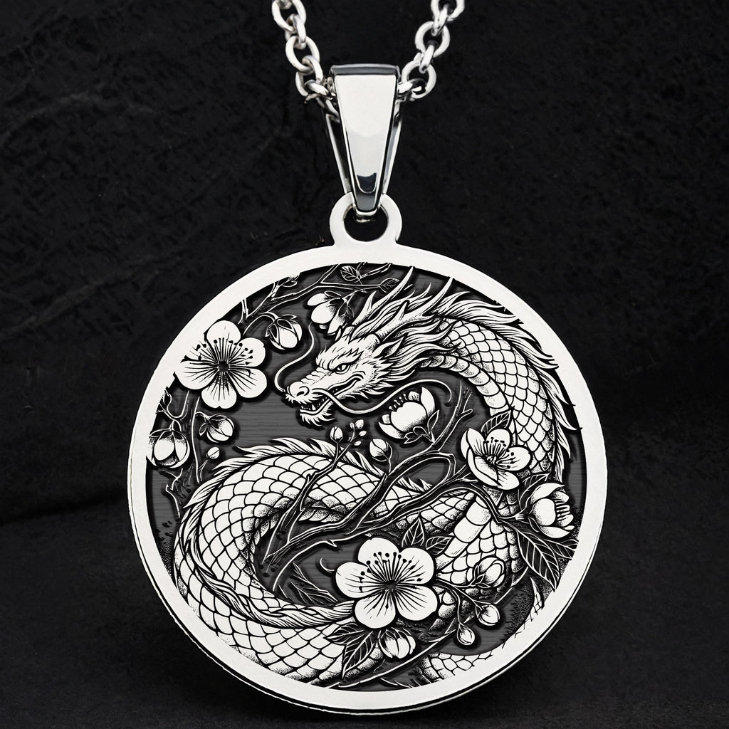 Japanese Dragon Necklace: Silver Ryu Symbol Pendanrt