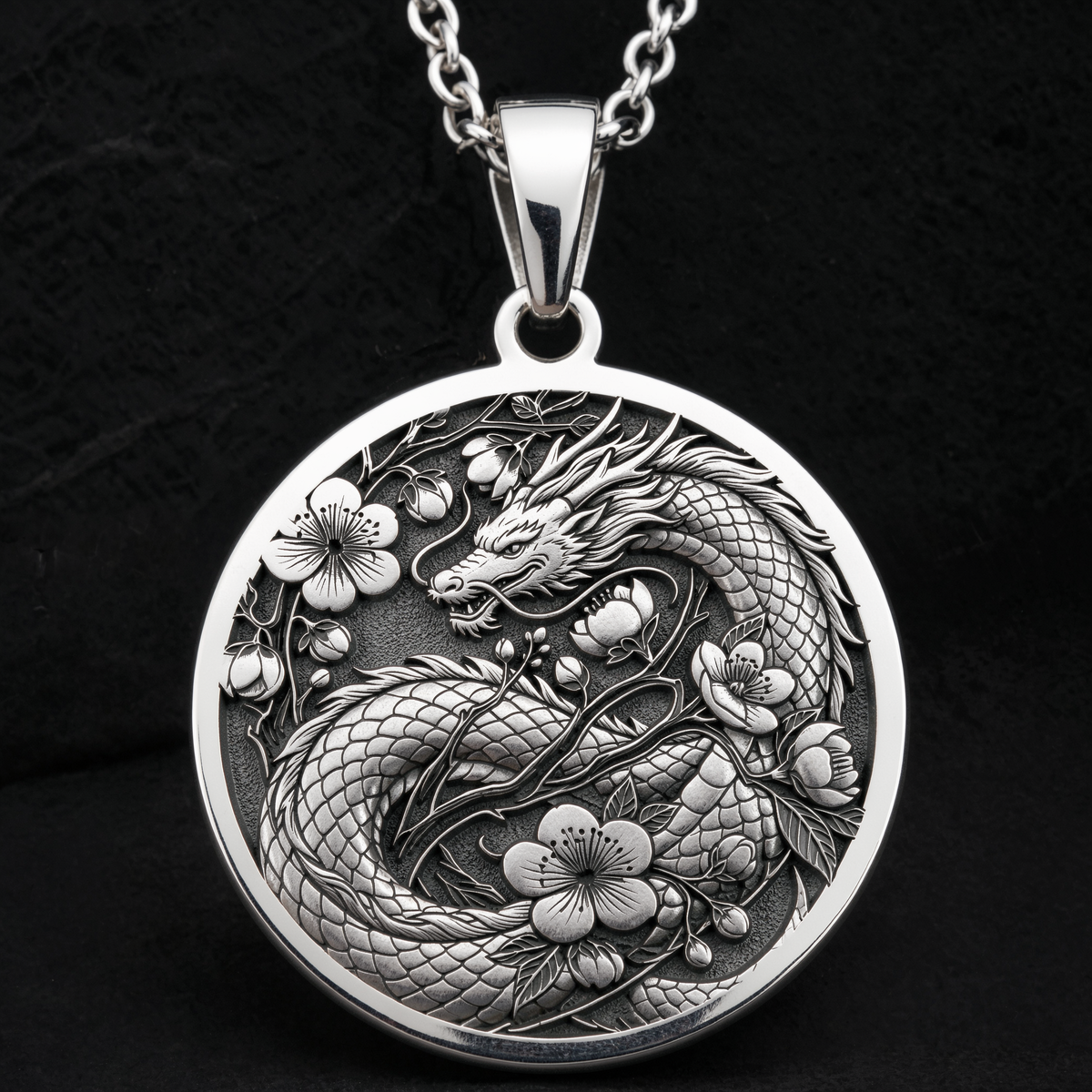 Japanese Dragon Necklace: Silver Ryu Symbol Pendanrt