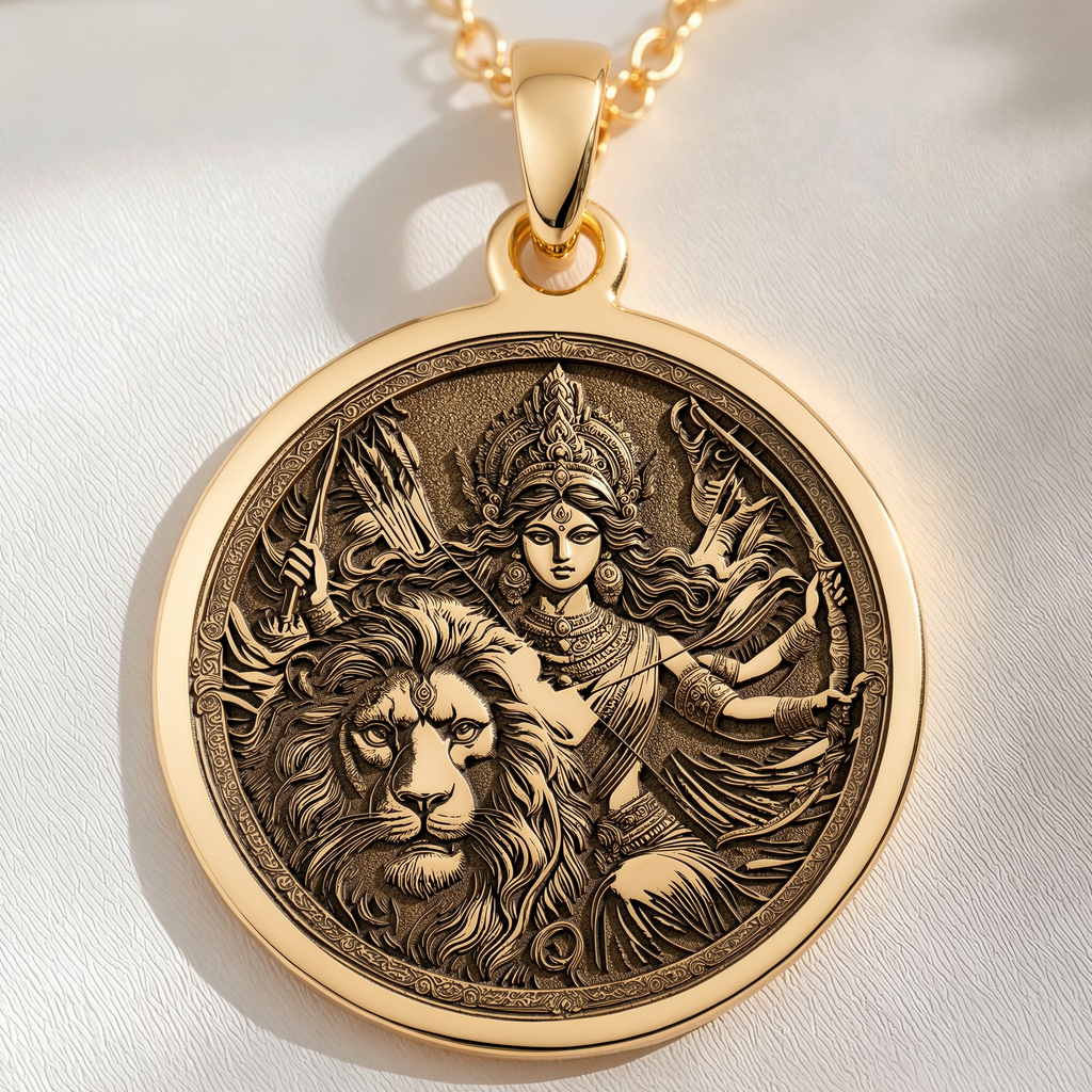 Durga Warrior Goddess Pendant Necklaces 14K 14K Gold Plated round pendant featuring a detailed woman and lion face design necklace