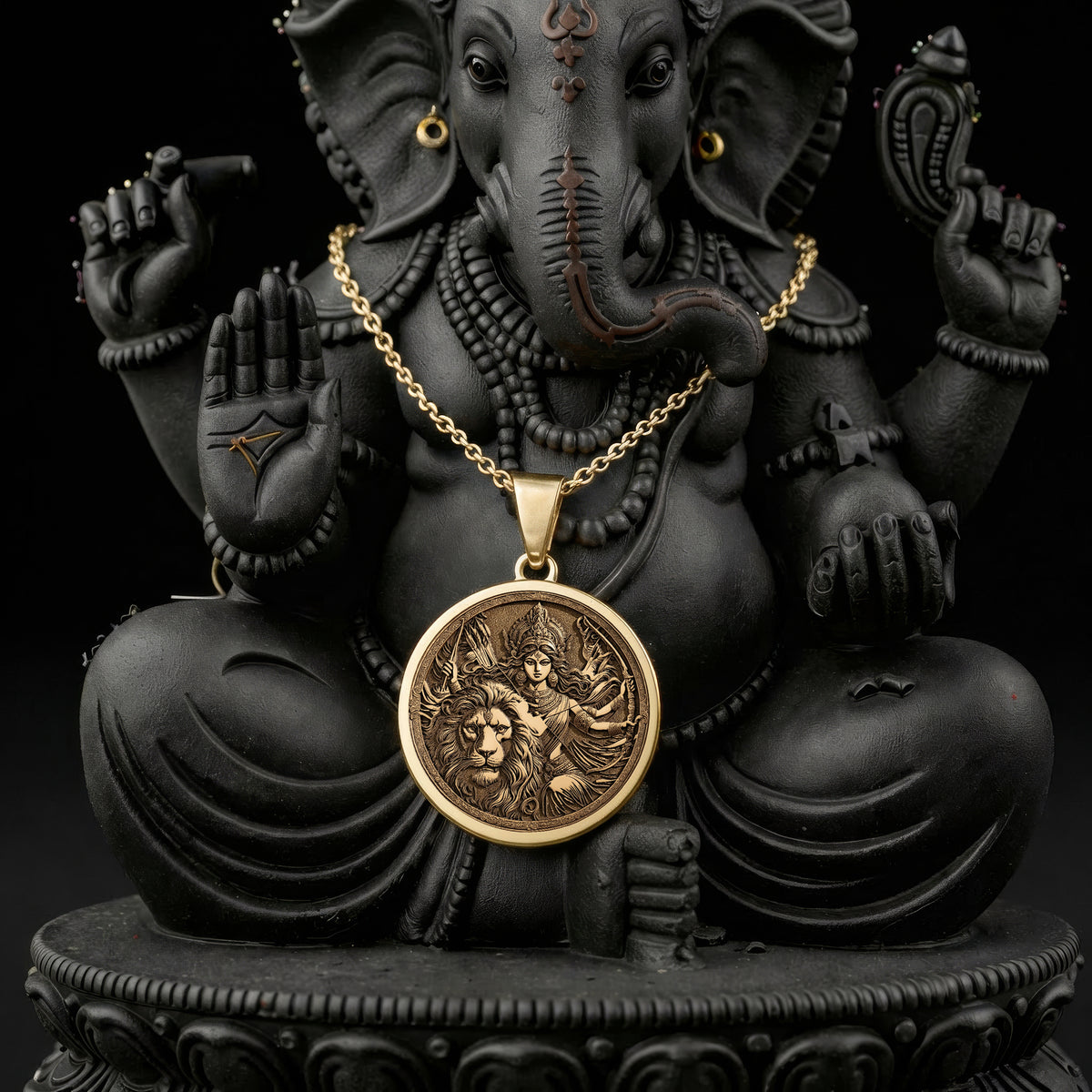Durga Warrior Goddess Pendant Necklaces 14K 14K Gold Plated necklace with round lion face pendant and chain