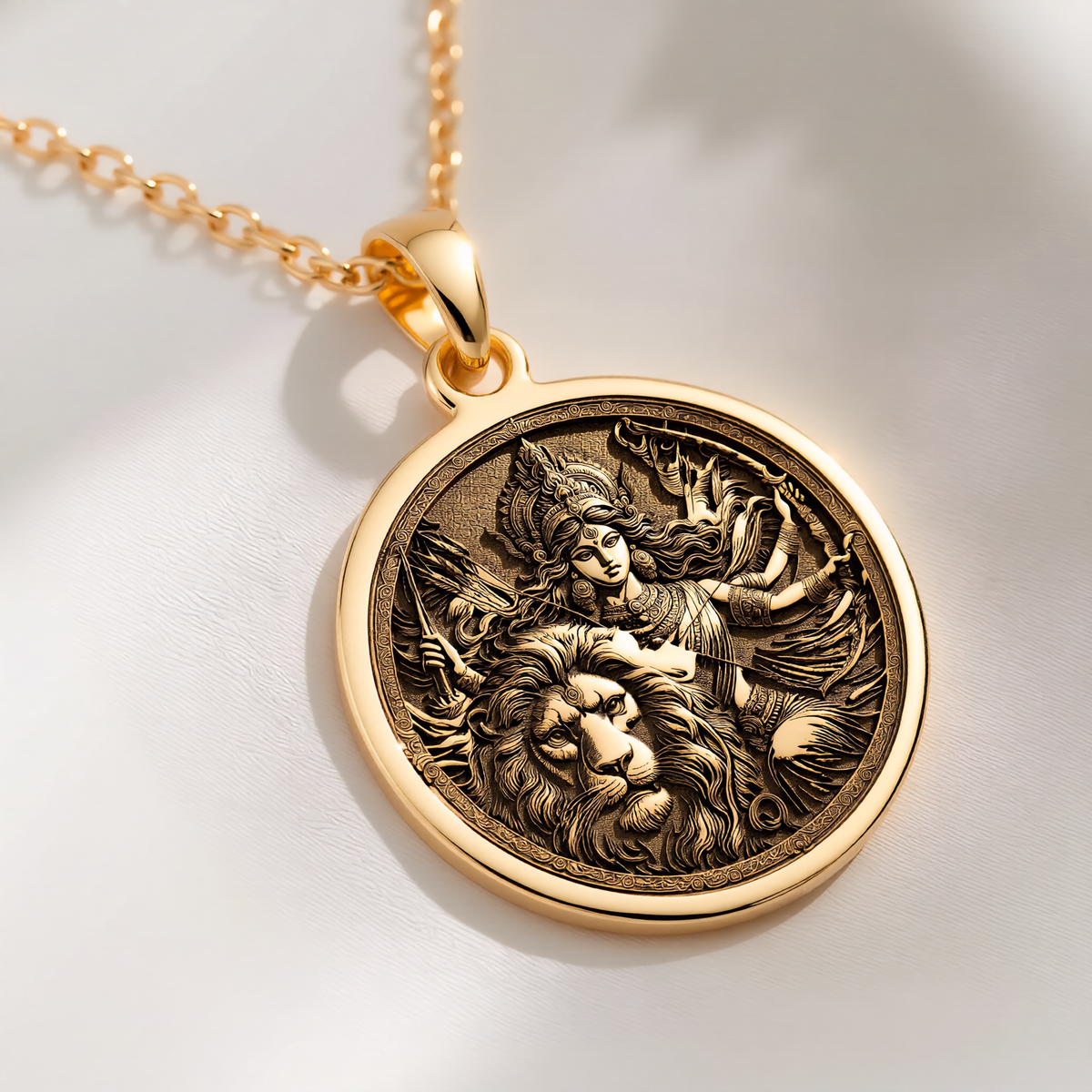 Durga Warrior Goddess Pendant Necklaces 14K 14K Gold Plated lion and winged figure pendant necklace