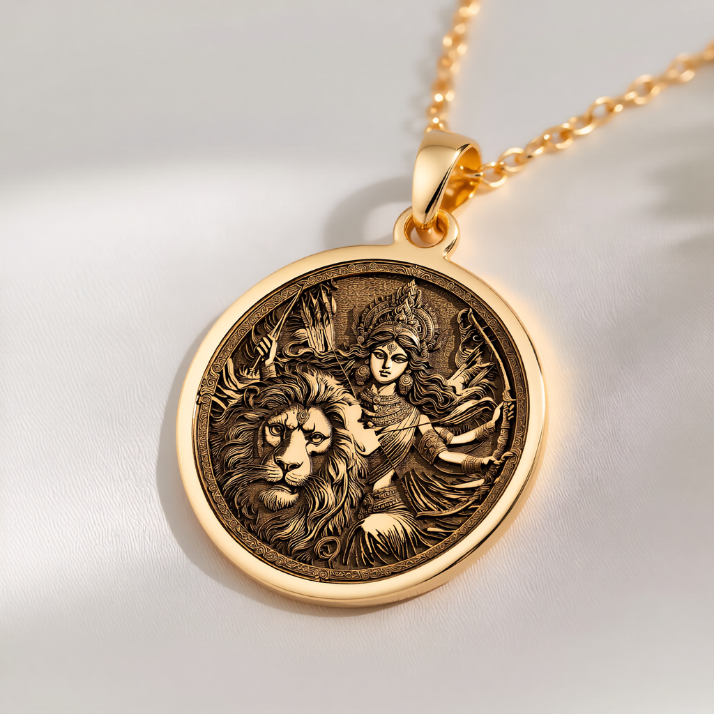 Durga Warrior Goddess Pendant Necklaces 14K 14K Gold Plated lion and woman intertwined circular pendant necklace