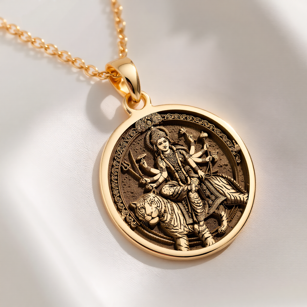 Durga Warrior Ten Arms Pendant Necklaces 14K 14K Gold Plated engraved circular pendant featuring a classical figure and lion design necklace