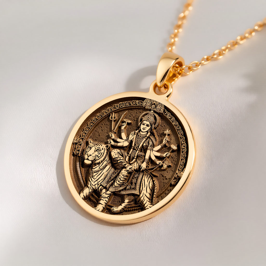 Durga Warrior Ten Arms Pendant Necklaces 14K 14K Gold Plated round pendant featuring an ethnic figure on horseback design.