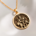 Durga Warrior Ten Arms Pendant Necklaces 14K 14K Gold Plated pendant featuring a figure riding a tiger design on a circular background.