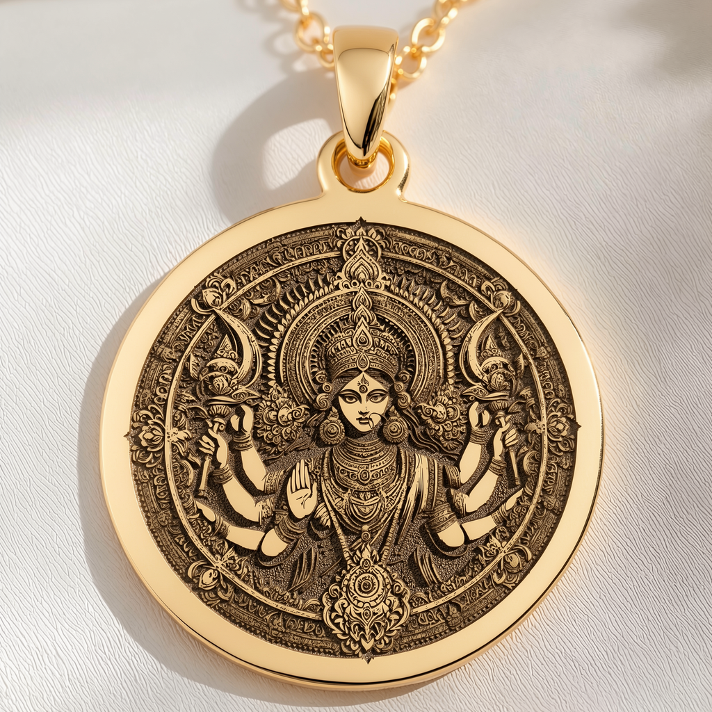 Durga Warrior Goddess Pendant Necklaces 14K 14K Gold Plated ornate circular medallion pendant featuring a multi-armed deity design